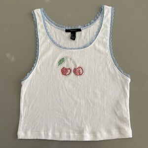 Forever 21 White Ribbed Tank w/Blue Lace and Rhinestone Cherry Accent Crop Top